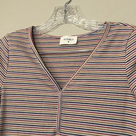 Everly Womens S Small Striped V Neck Short Sleeve Relaxed Fit Mini Casual Dress - Picture 4 of 6